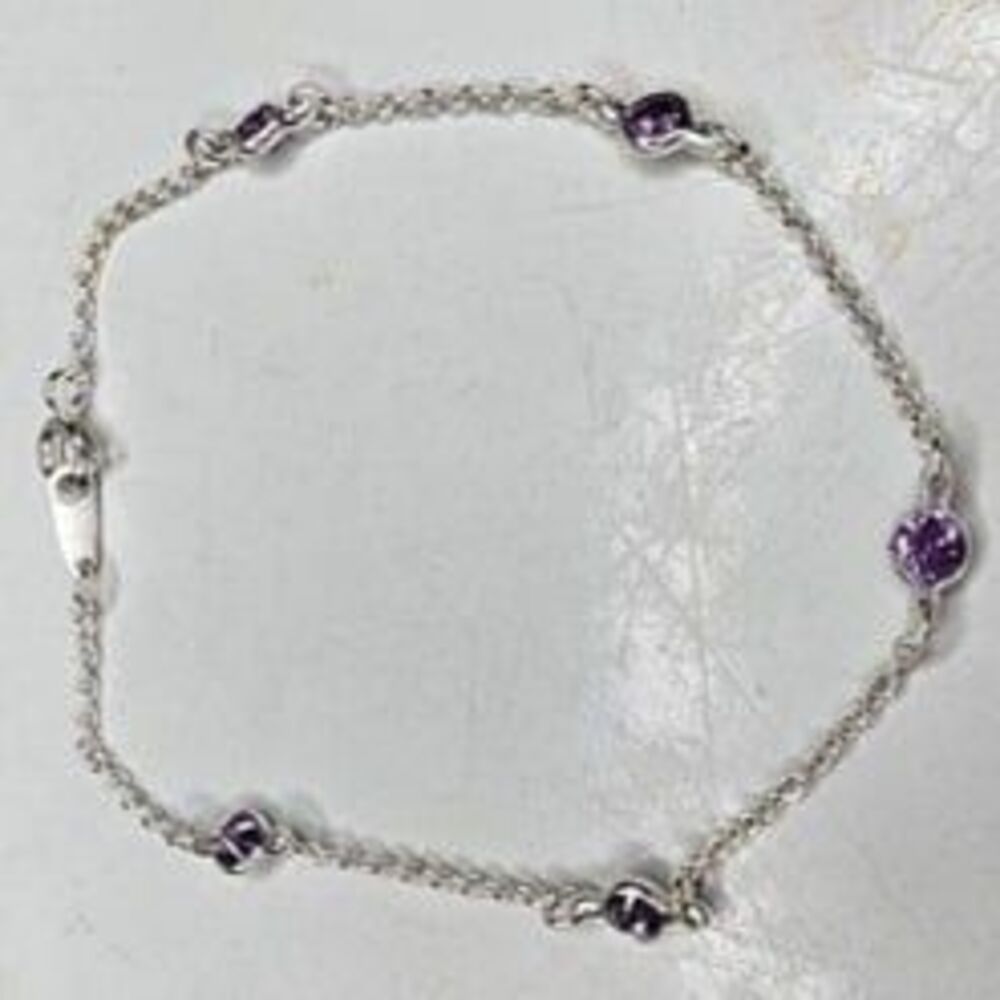 SU Sunstone Imports 925 Purple CZ & Silver Tone Chain Station Style Bracelet 8"L